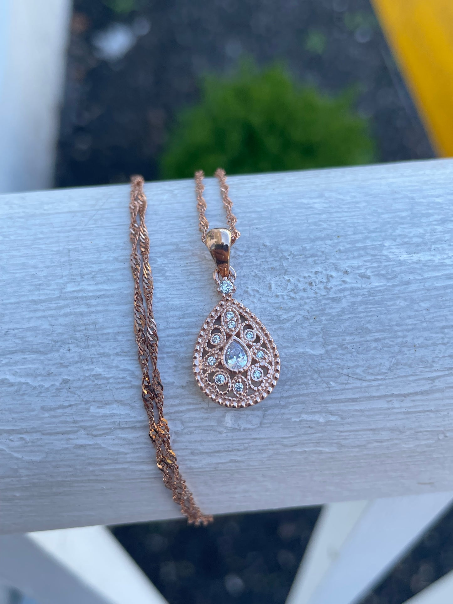 925 Sterling Silver Rose Vermeil Cz Cluster Teardrop Necklace 20”