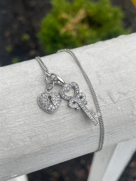 925 Sterling Silver Cz Heart Lock and Key Necklace 16”-18”