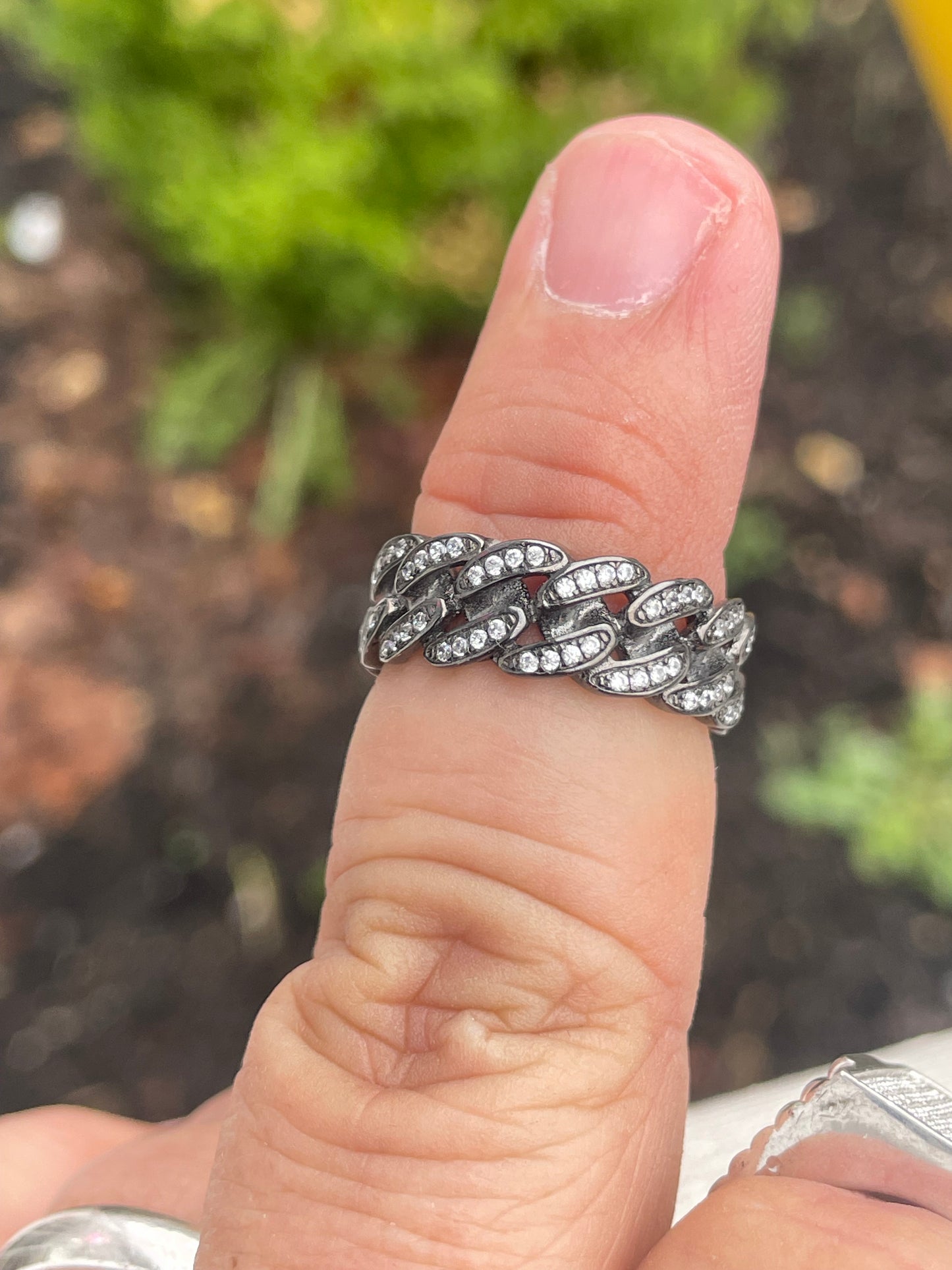 925 Sterling Silver Oxidized Cuban Link Eternity Band Ring with Czs Size 7
