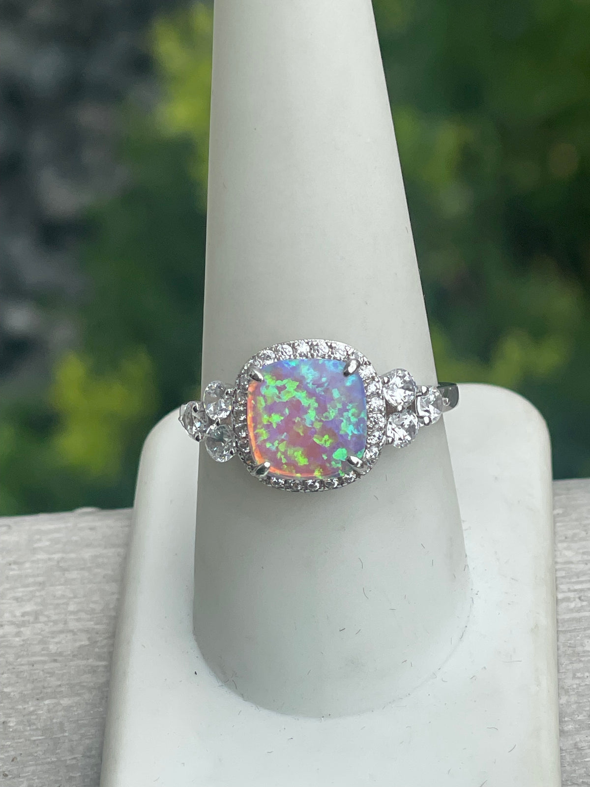 925 Sterling Silver Opal & Cz Cluster Ring Size 9