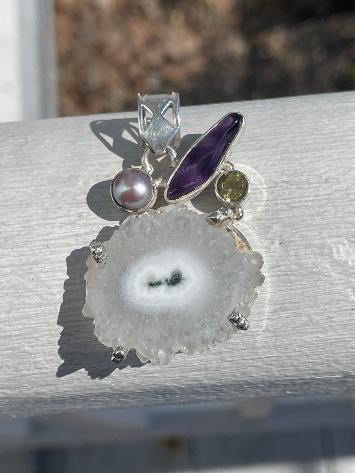 Handmade 925 Sterling Silver Stalactite, Pearl, Amethyst & Citrine Pendant (U36)