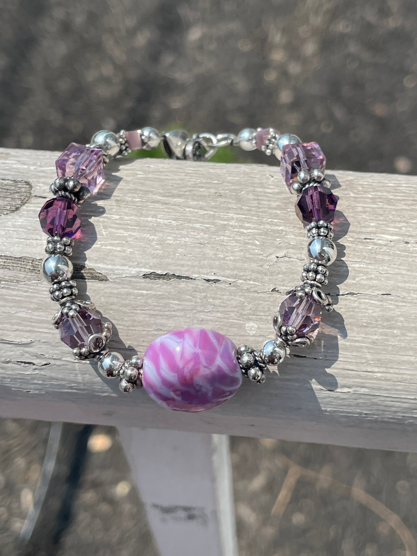 Designer Ele 925 Sterling Silver Lavender & Pink Crystal bracelet