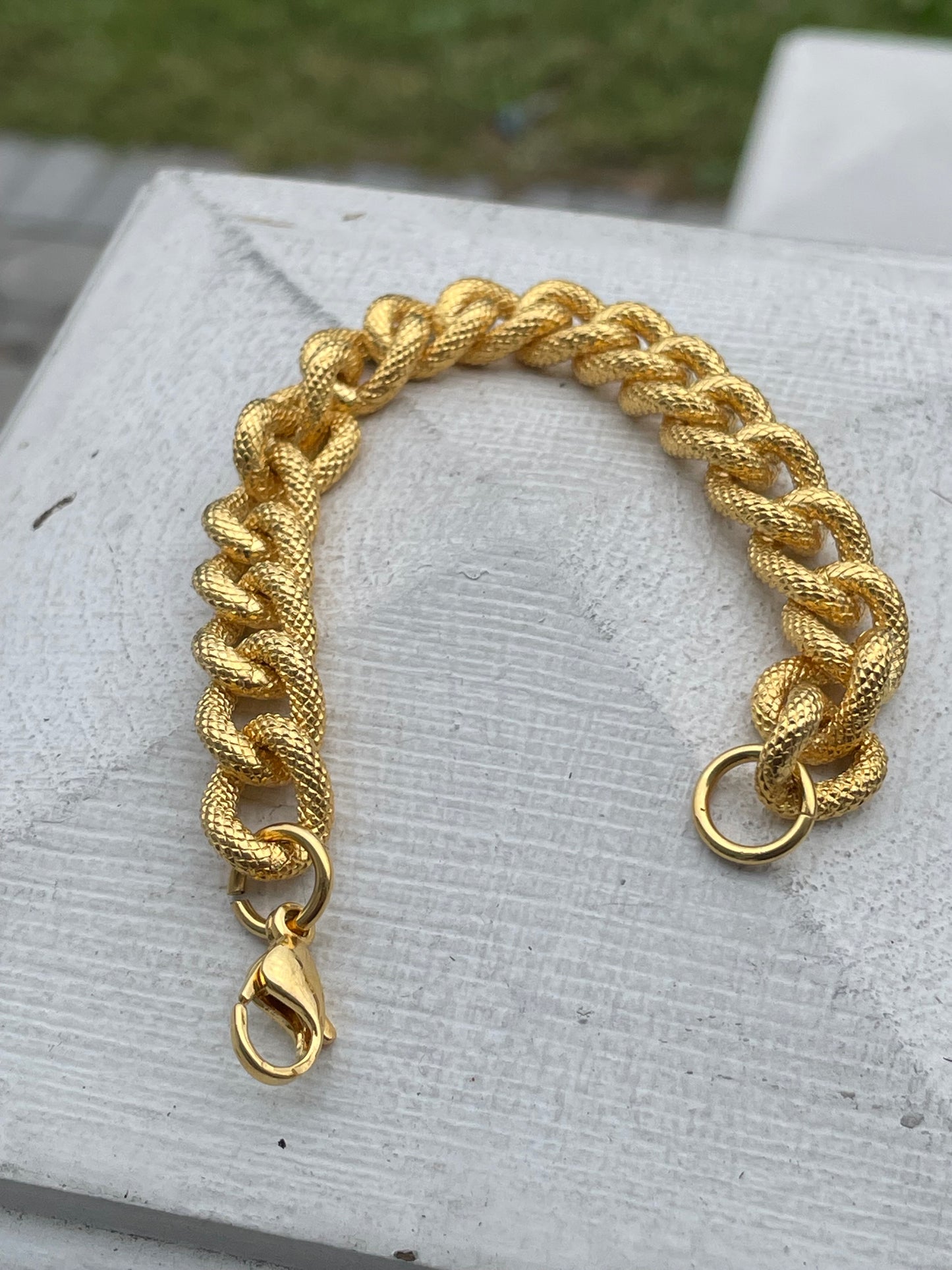 Stainless Steel Vermeil Ladies Textured Cuban Link Bracelet 7”