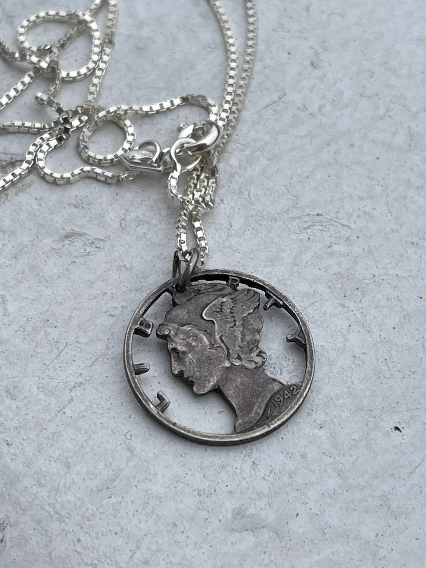 Silver Handmade Cutout Mercury Dime Necklace 18”