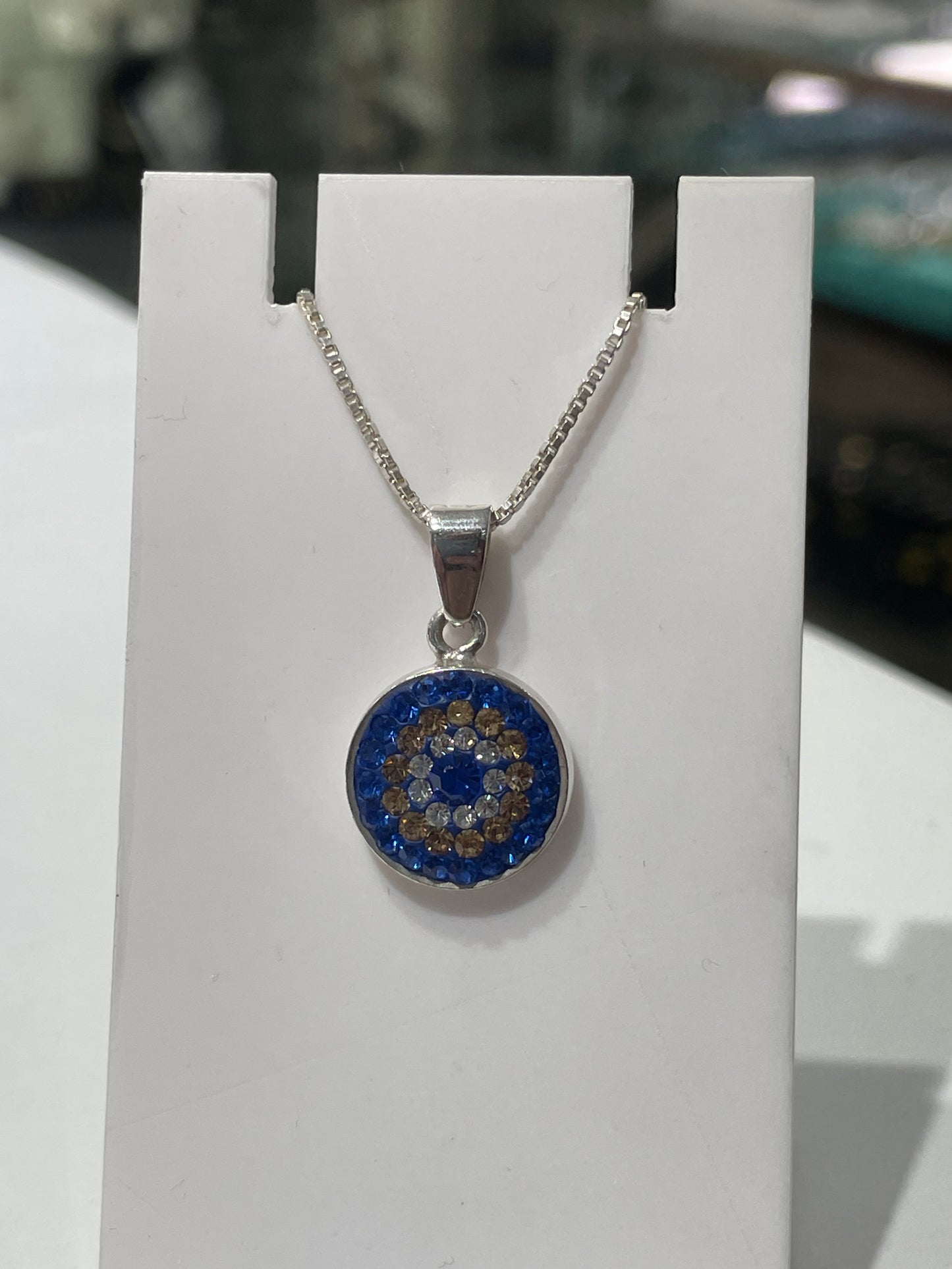 925 Sterling Silver Evil Eye Sparkling Crystal Disc Necklace