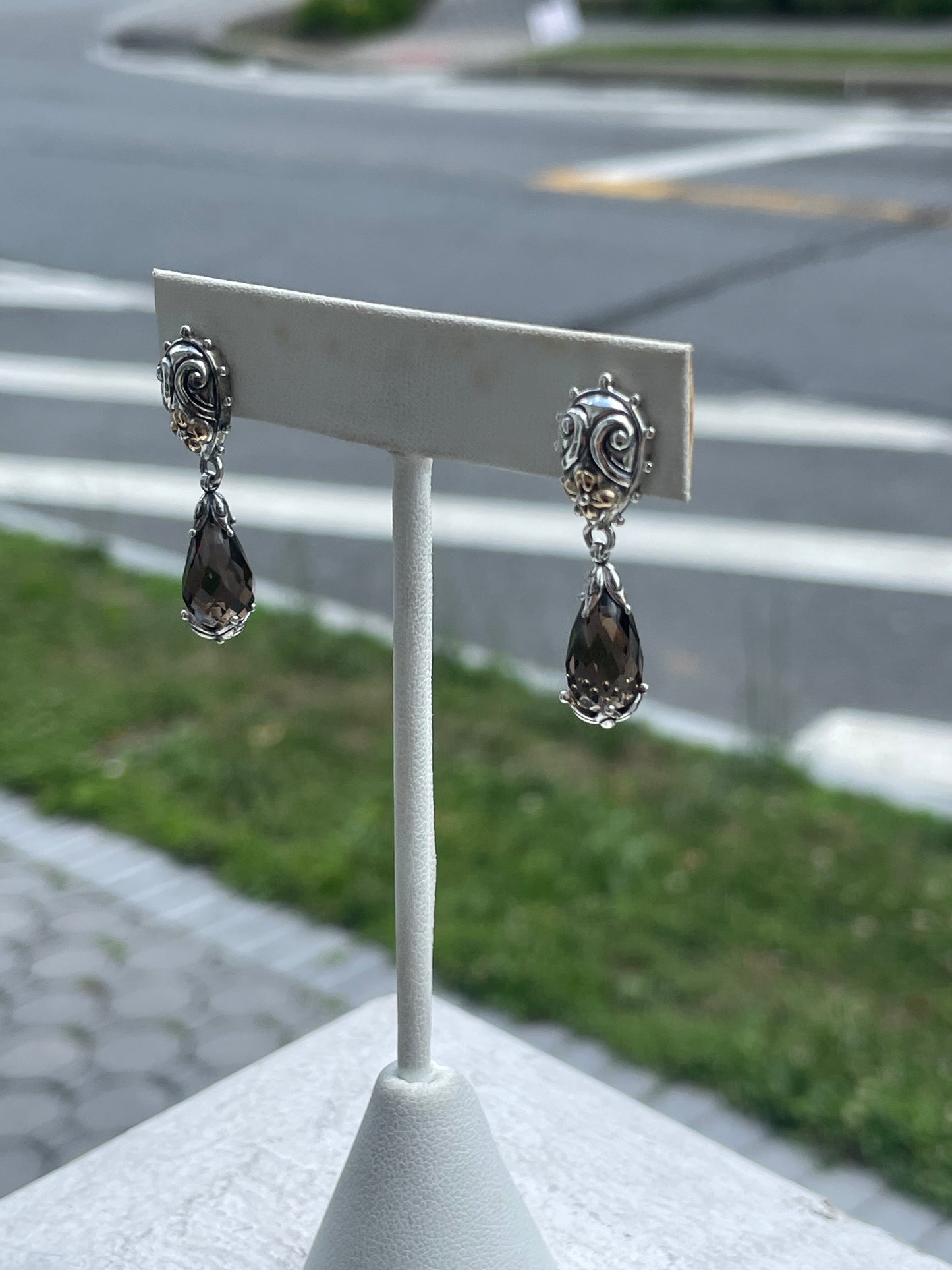Designer Barbara Bixby Elongated Smoky Quartz Dangle Earrings 925 Sterling Silver & 18k Gold