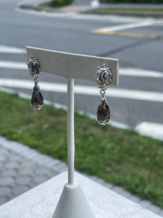 Designer Barbara Bixby Elongated Smoky Quartz Dangle Earrings 925 Sterling Silver & 18k Gold