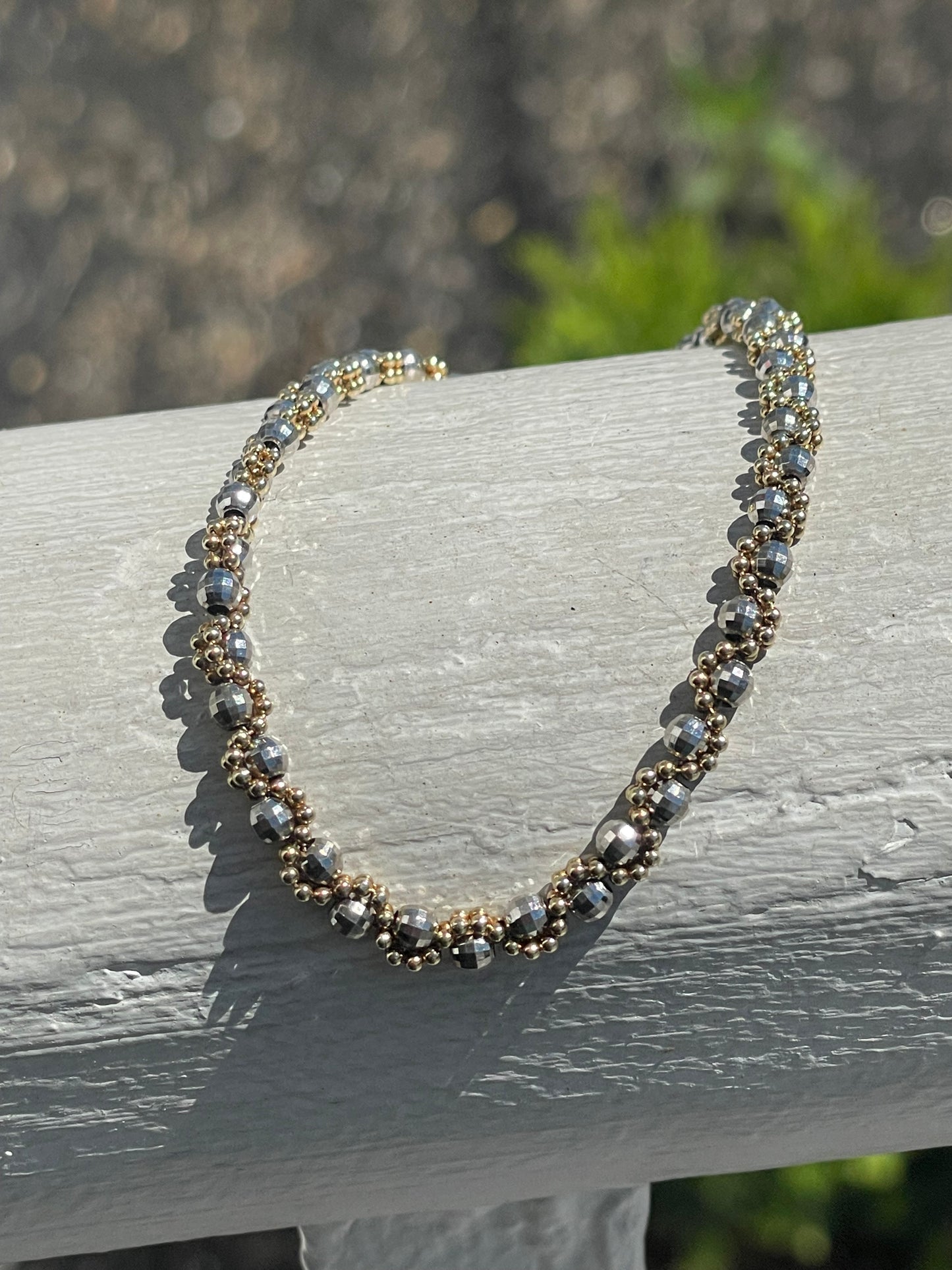 14k White & Yellow Gold Braided Beaded Bracelet 7”
