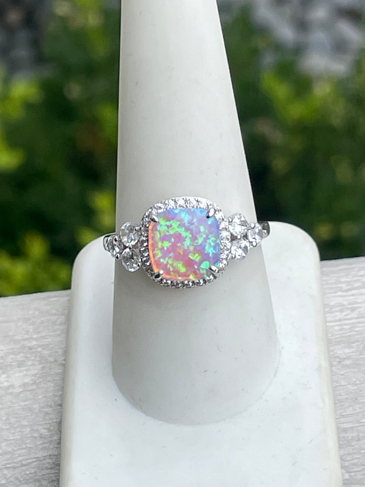 925 Sterling Silver Opal & Cz Cluster Ring Size 9