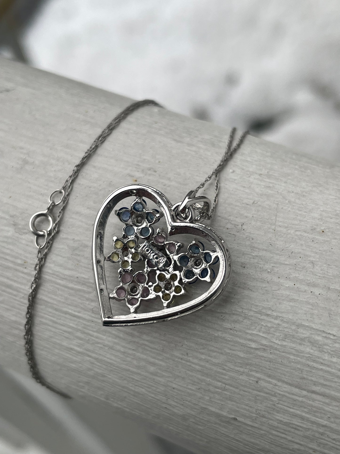 10k Gold Field Of Flowers Diamond Heart Necklace with Multi-Colored Stone Flowers (K23)