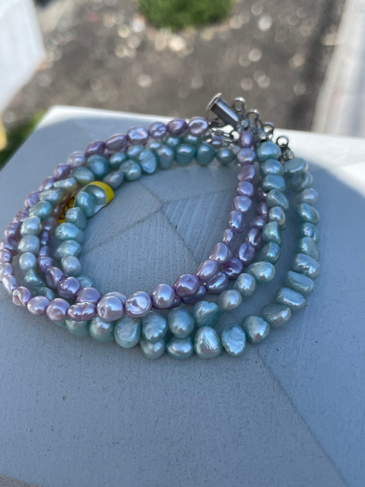 925 Sterling Silver 4Strand Lavender & Teal Pearl Bracelet