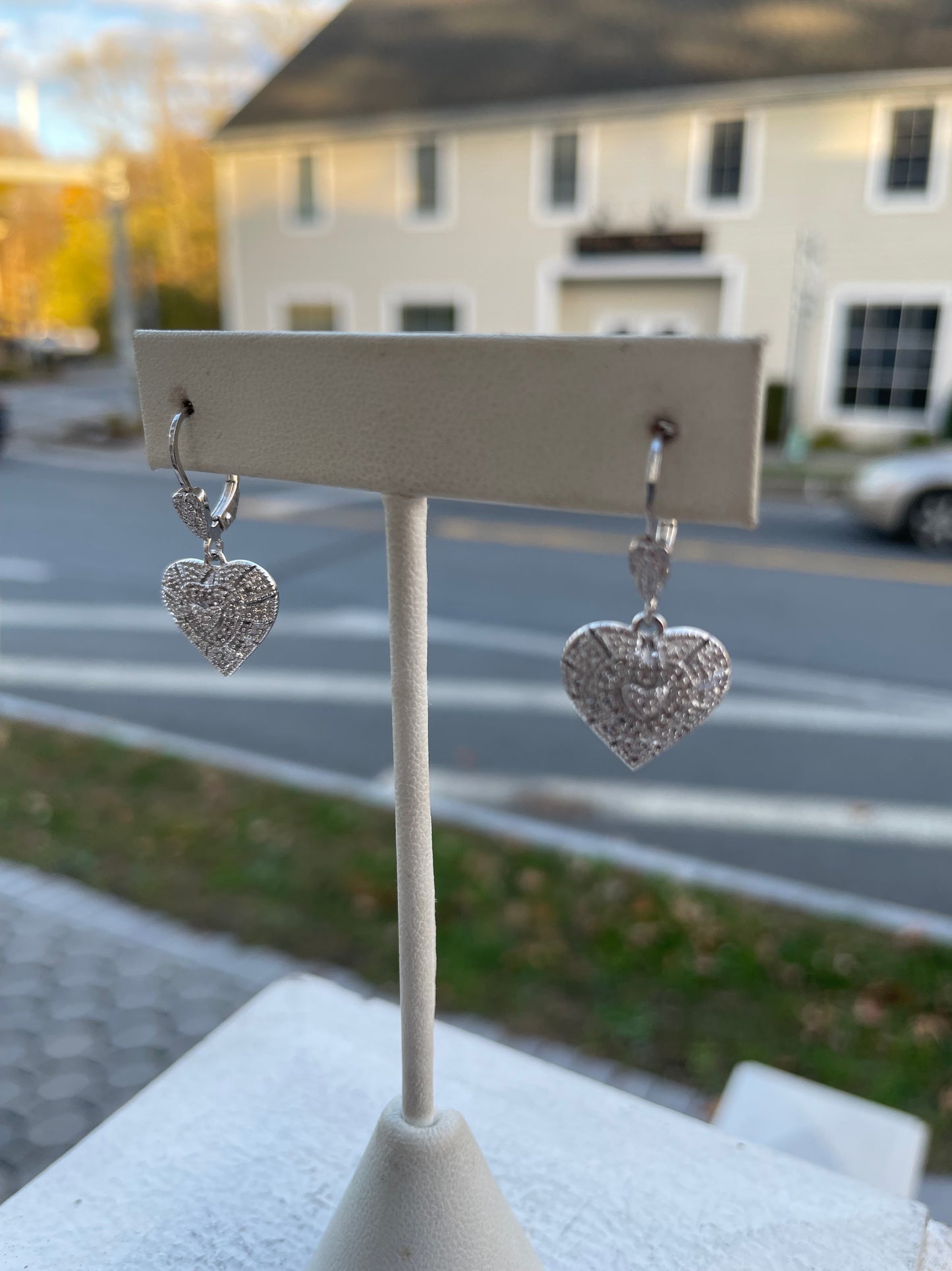 925 Sterling Silver Natural Diamond Dangle Heart Earrings