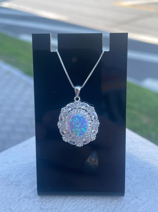925 Sterling Silver Pink Opal & Cz Necklace 18”