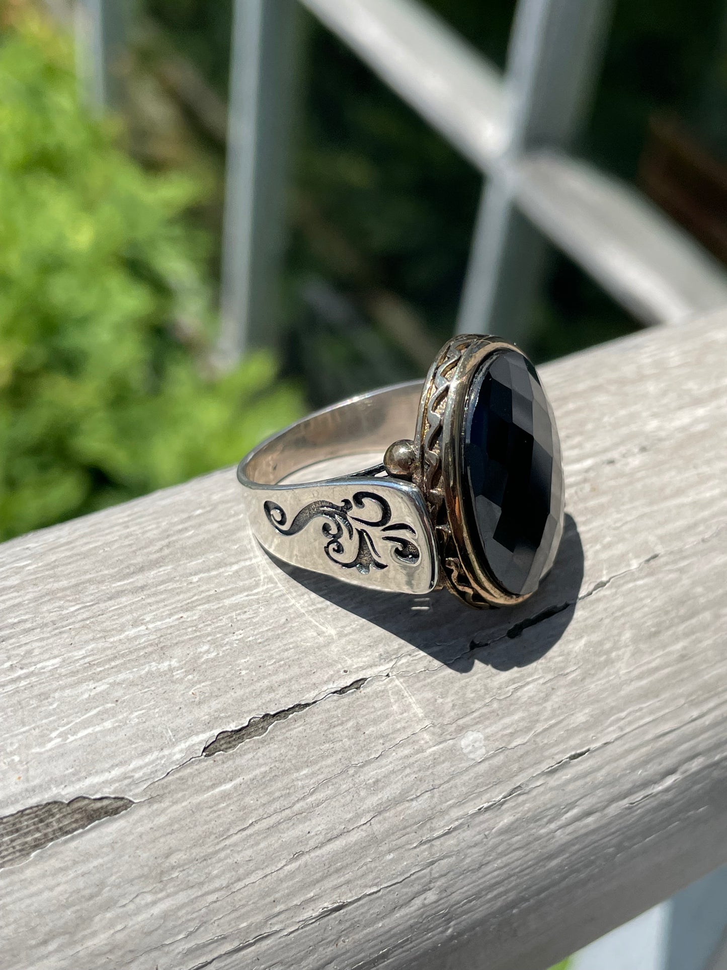 925 Sterling Silver & Yellow Brass Large Oval Hematite Ring
