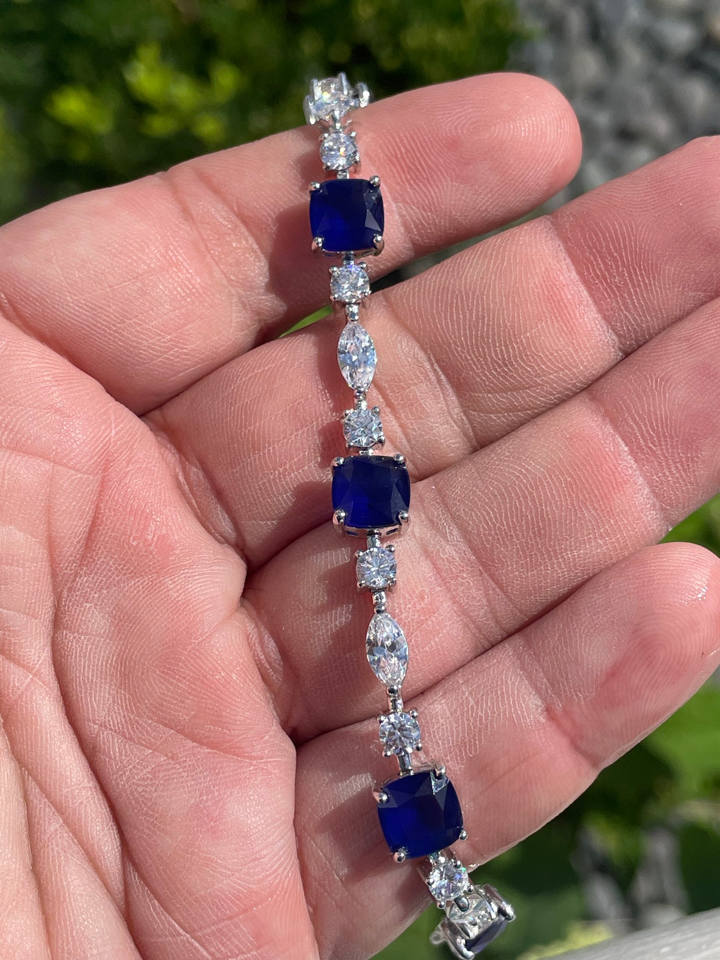 925 Sterling Silver Simulated Cushion Cut Sapphire and Clear Zirconia Tennis Bracelet 7”