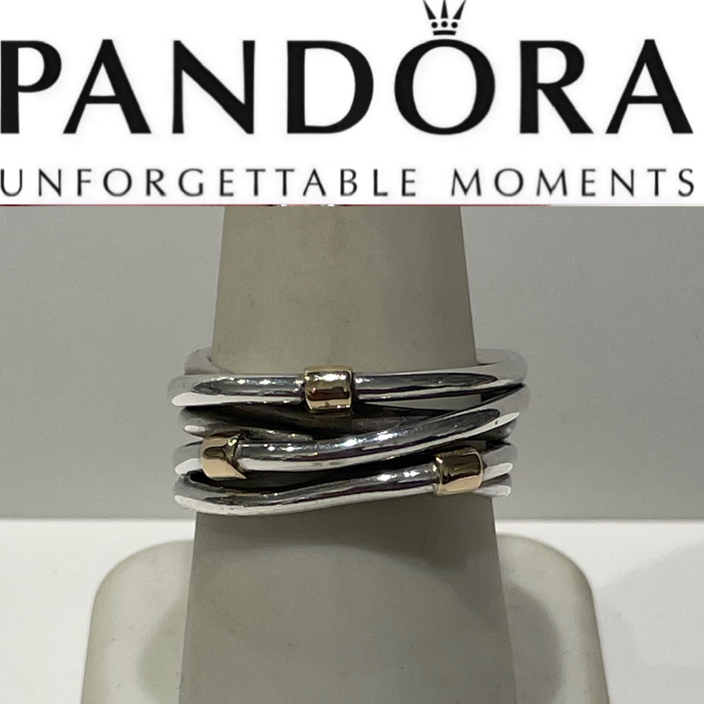 Retired Pandora Silver Lines Gold Clips Ring Size 8