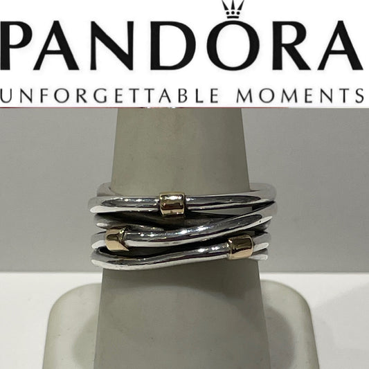 Retired Pandora Silver Lines Gold Clips Ring Size 8