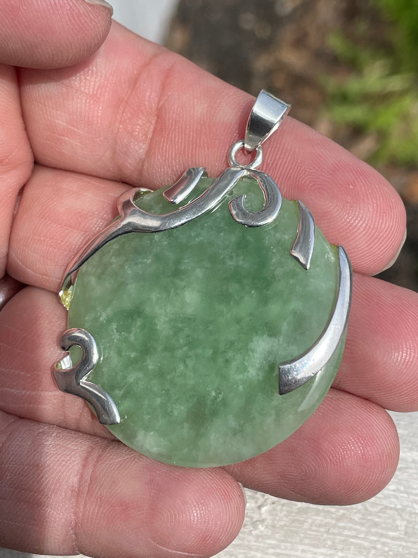 925 Sterling Silver Natural Jade Heavy Stone Disc Pendant