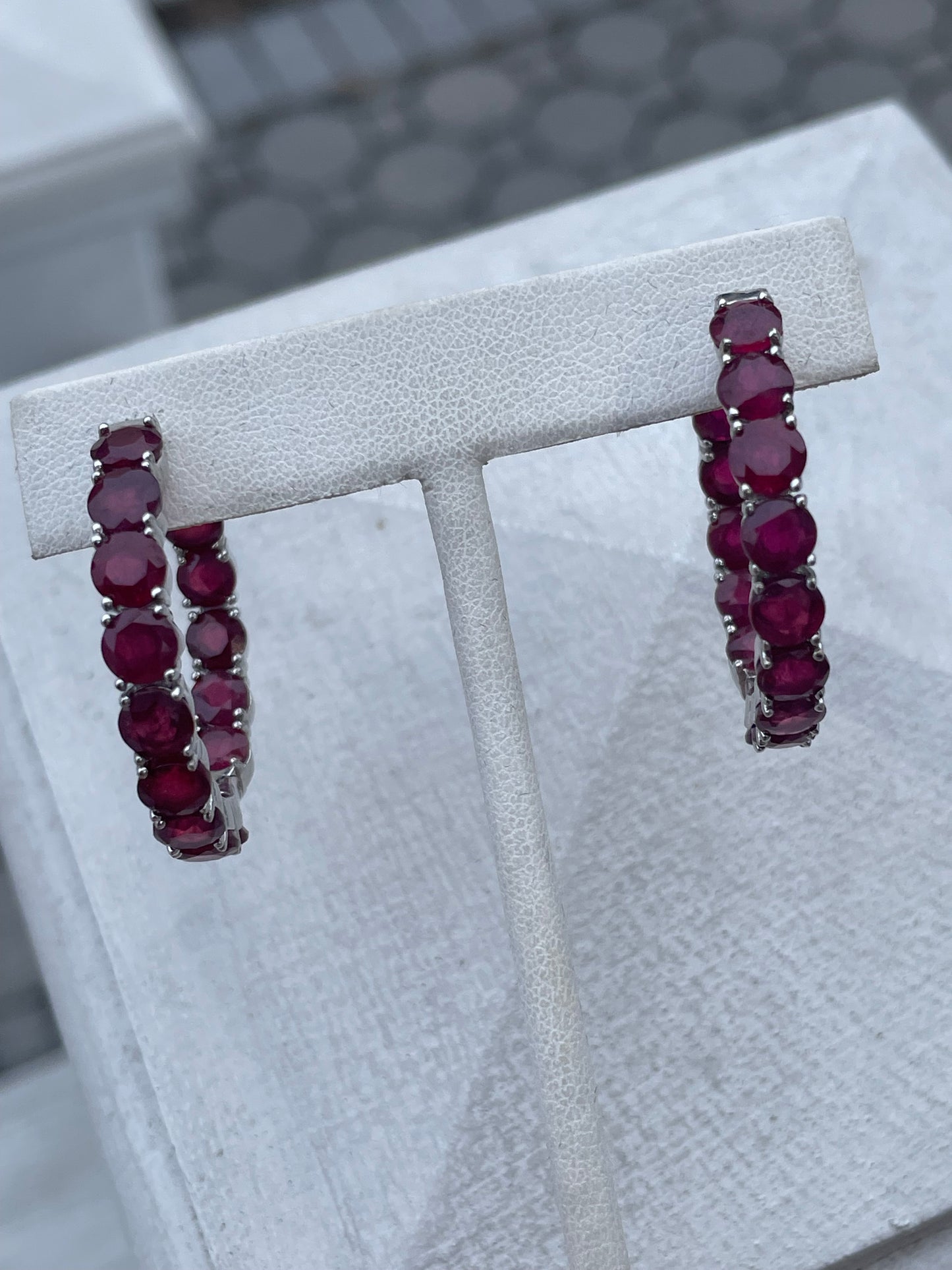 925 Sterling Silver Lab Created Ruby 35mm Stone Hoop Earrings