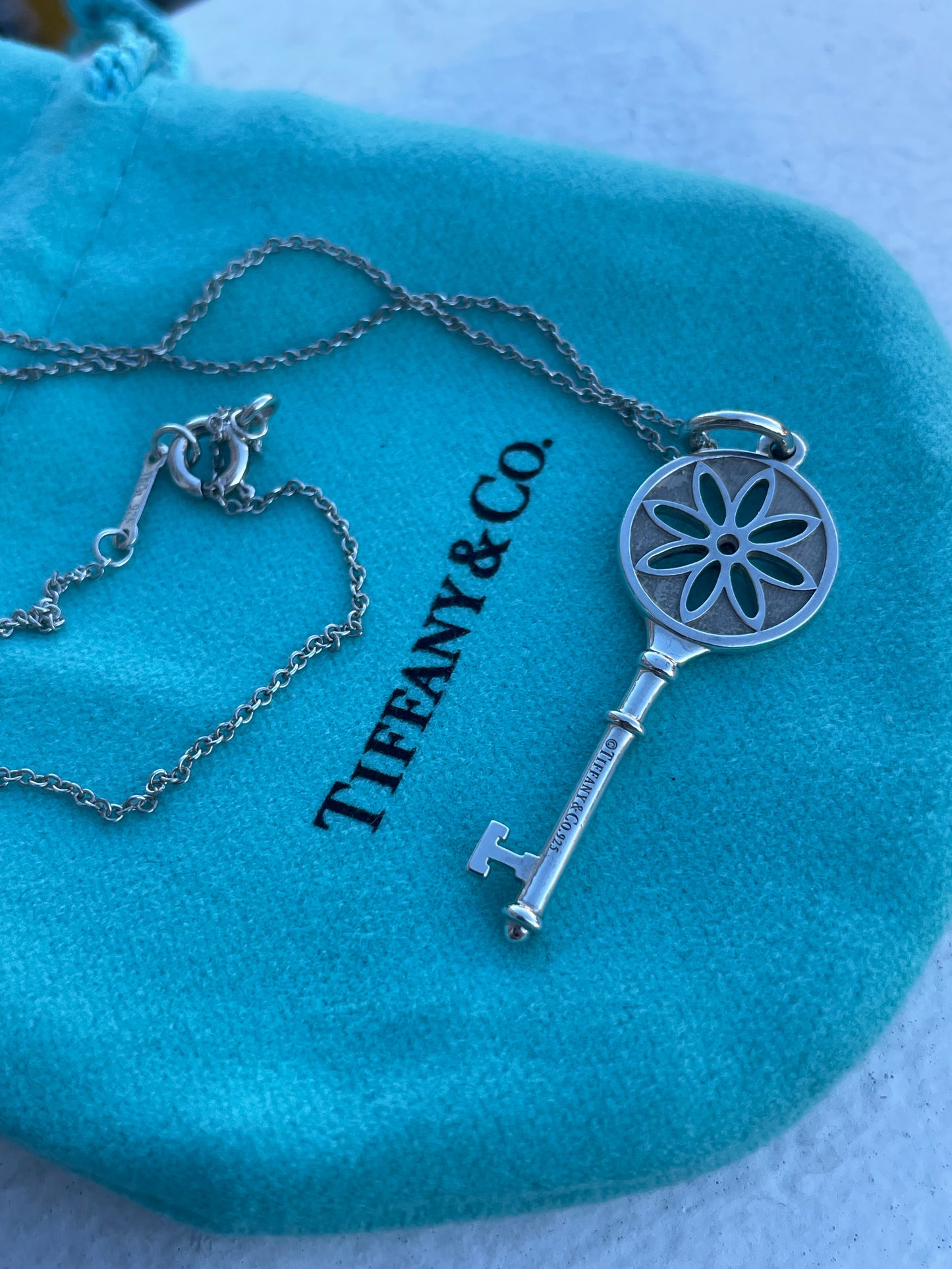 Tiffany & Co. Sterling Silver Diamond Daisy Key Necklace 15.5”