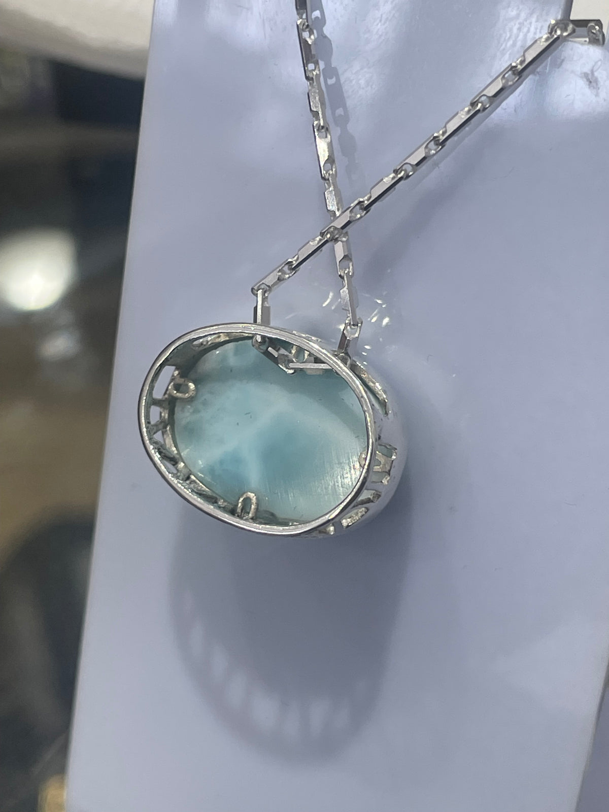 925 Sterling Silver Oval Larimar Paradise Island Necklace 18”