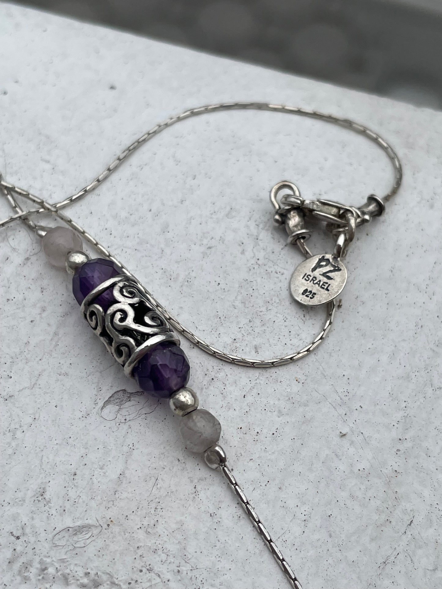 Designer Paz 925 Sterling Silver Amethyst & Rose Quartz Bead Necklace