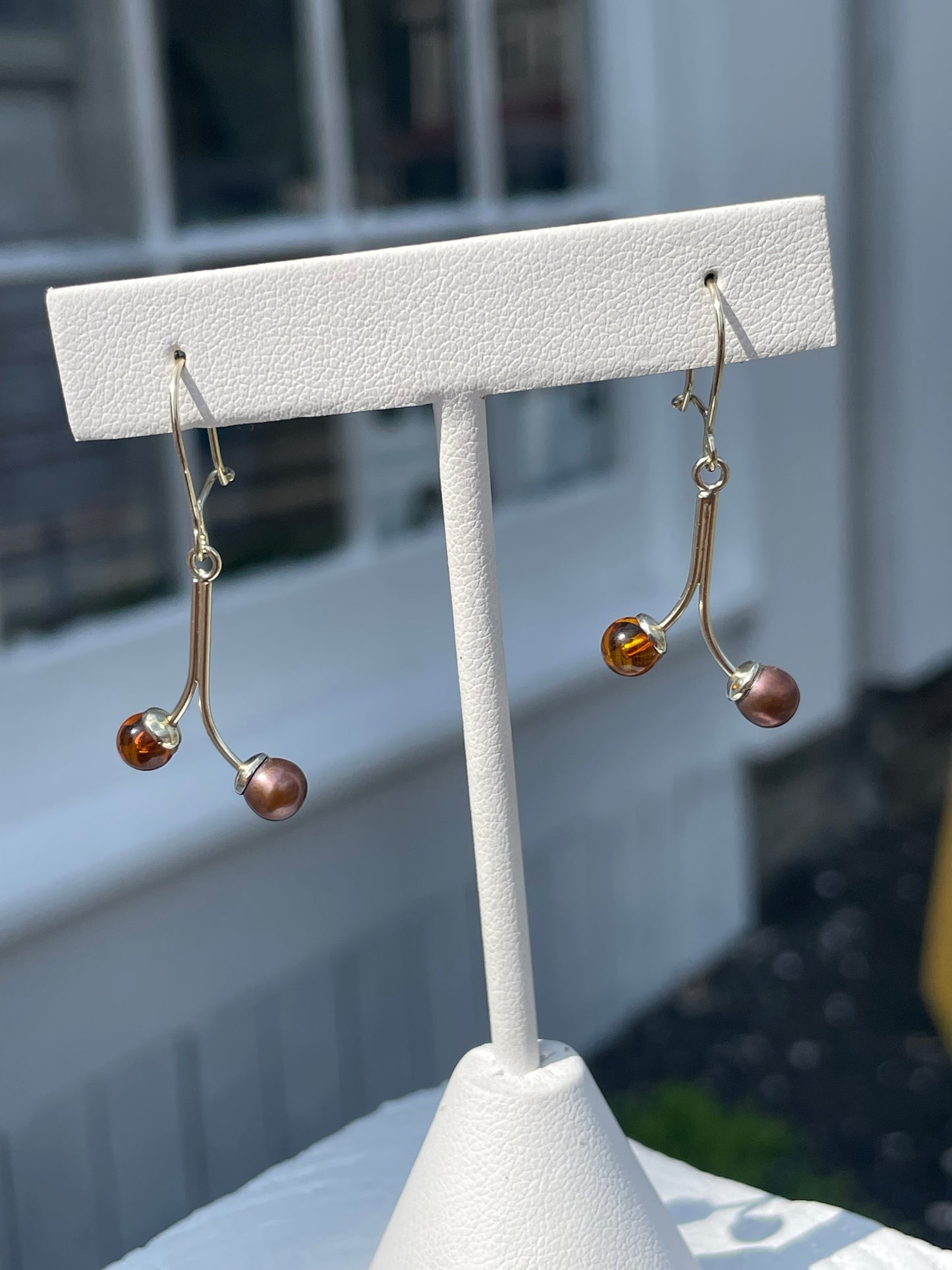 925 Sterling Silver Amber & Brown Pearl Dangle Earrings