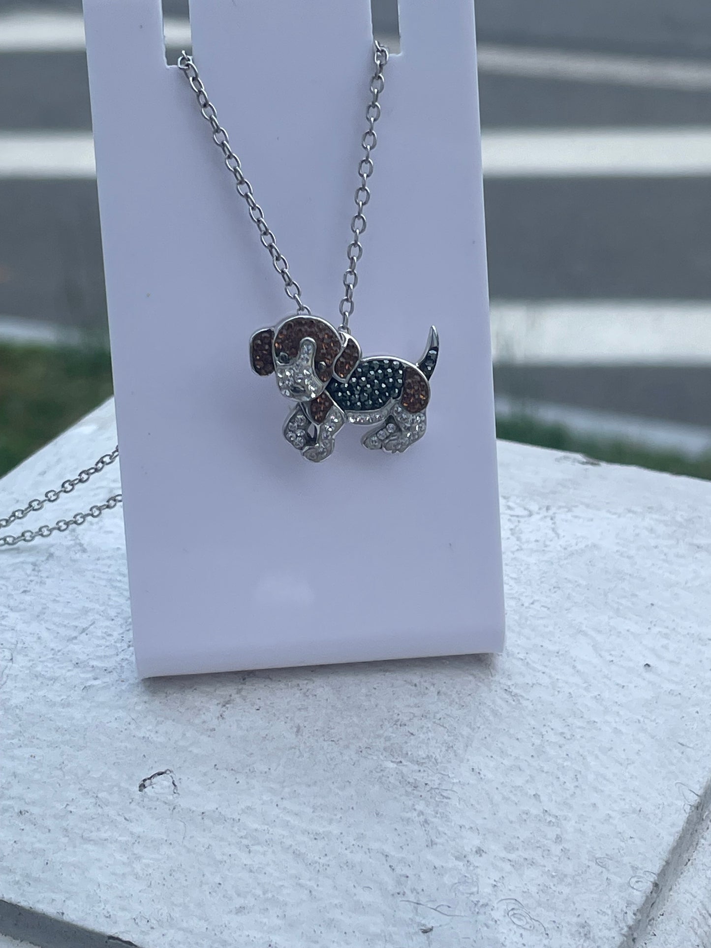 Designer Animal Planet 925 Sterling Silver Sparkling Crystal Beagle Dog Necklace 18”