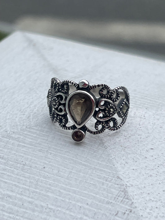 925 Sterling Silver Smoky Quartz & Marcasite Band Ring Size 7.5
