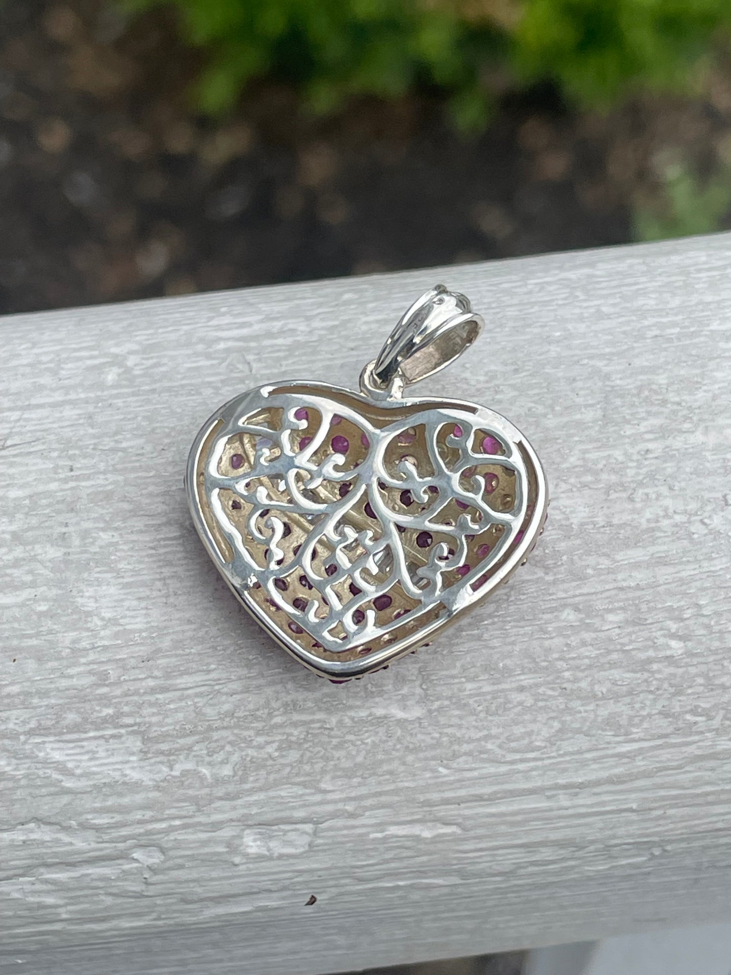 925 Sterling Silver Vermeil 2tone Natural Ruby & Cz Heart Pendant