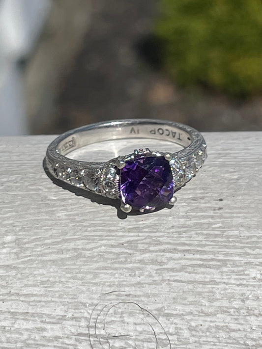 Designer Tacori 925 Sterling Silver Amethyst & Cz Fancy Etched Setting Ring Size 7.5