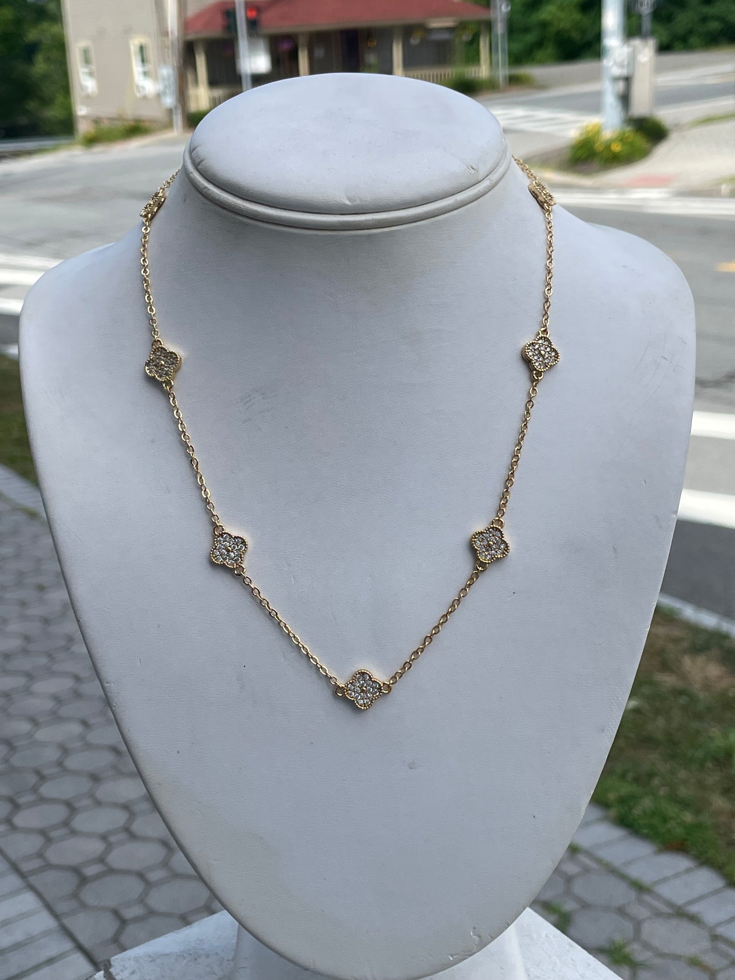 Stainless Steel Gold-plated Mini Clover Station Van Cleef Style Sparkling Cz Alhambra Necklace 18”-20”