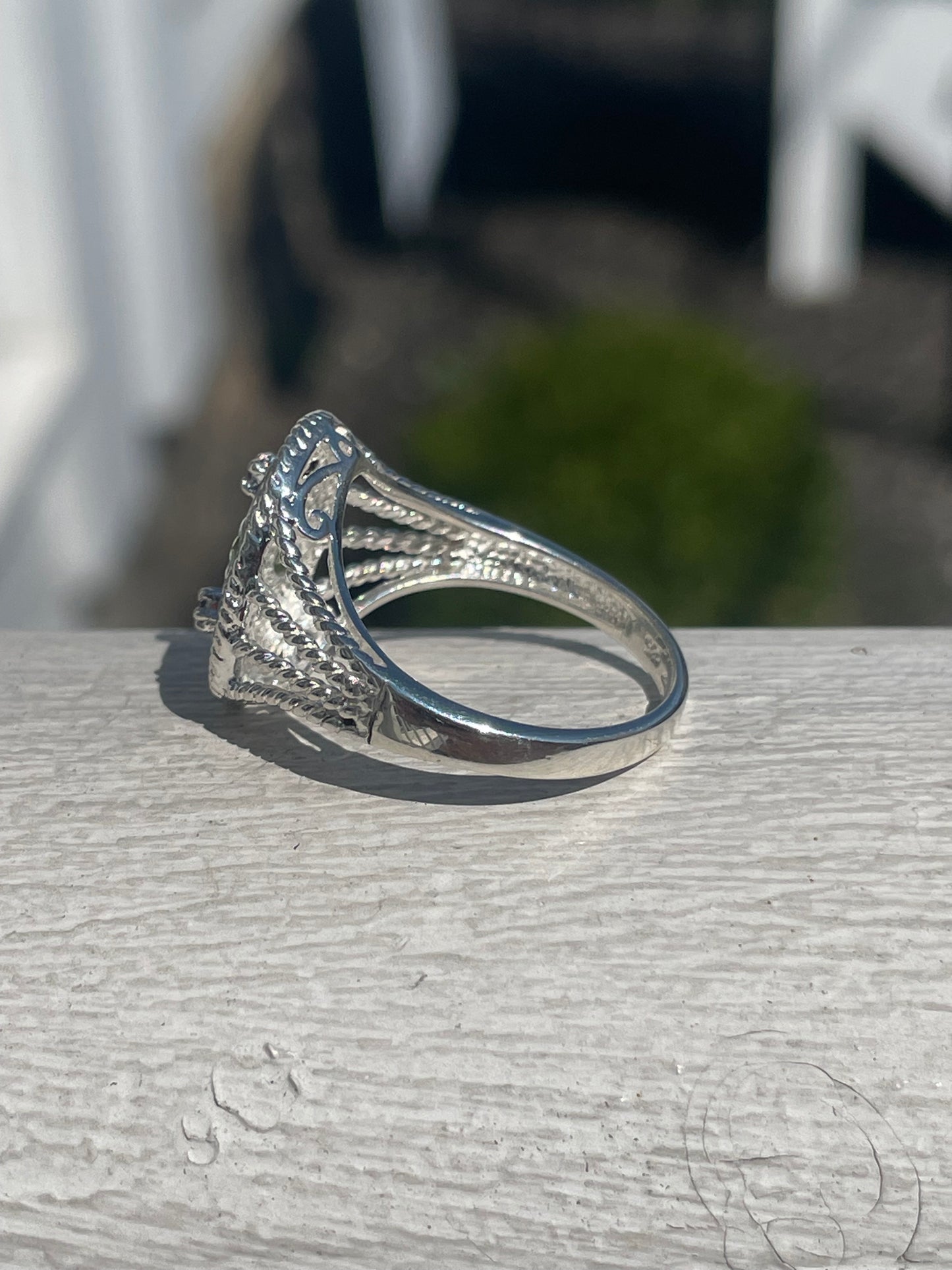 Designer Hallmark 925 Sterling Silver Signet Stone Flower Ring w/ Garnet, Peridot, and Amethyst