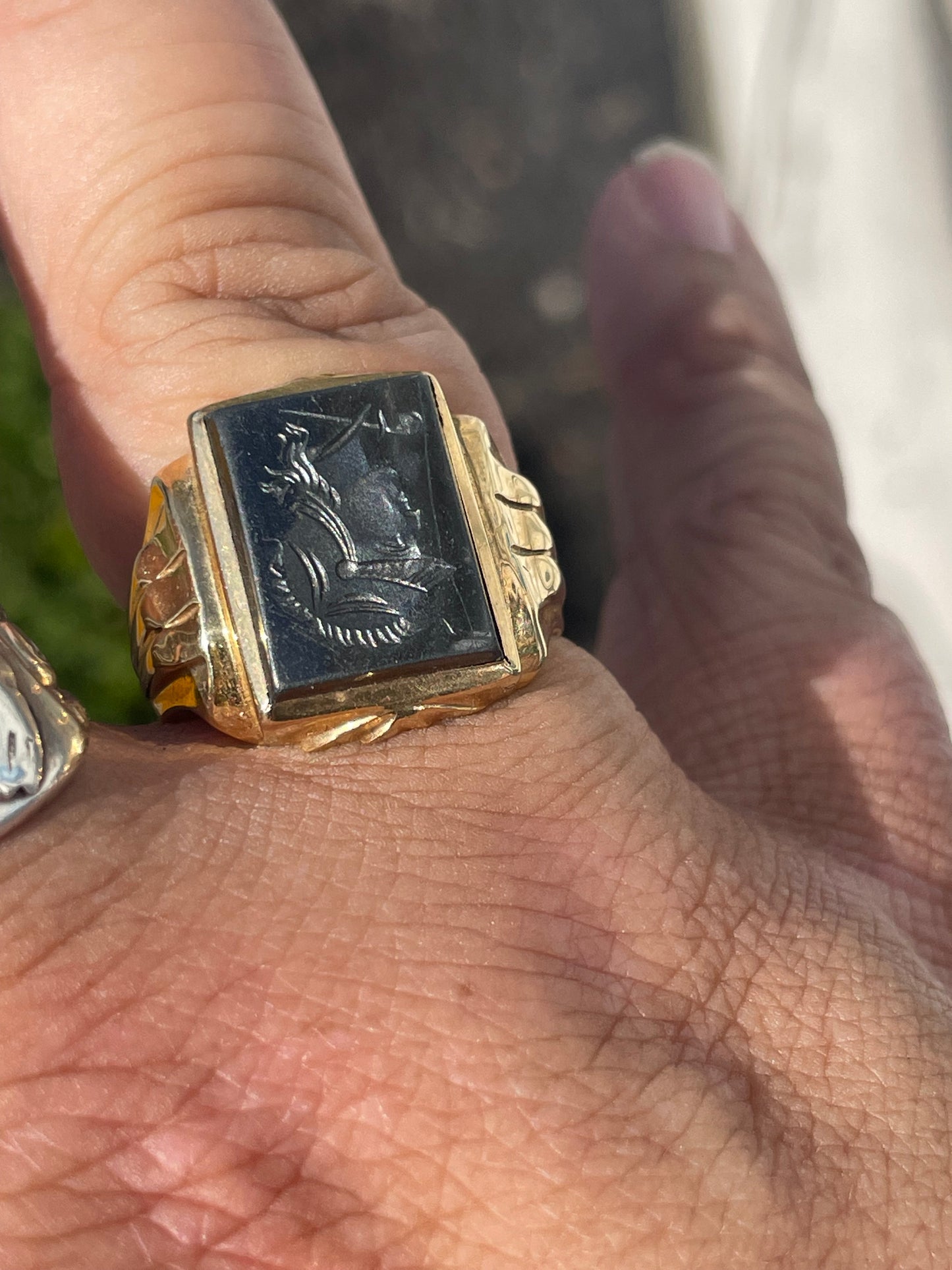 10k Gold Men’s Hematite Roman Warrior Intaglio Signet Ring