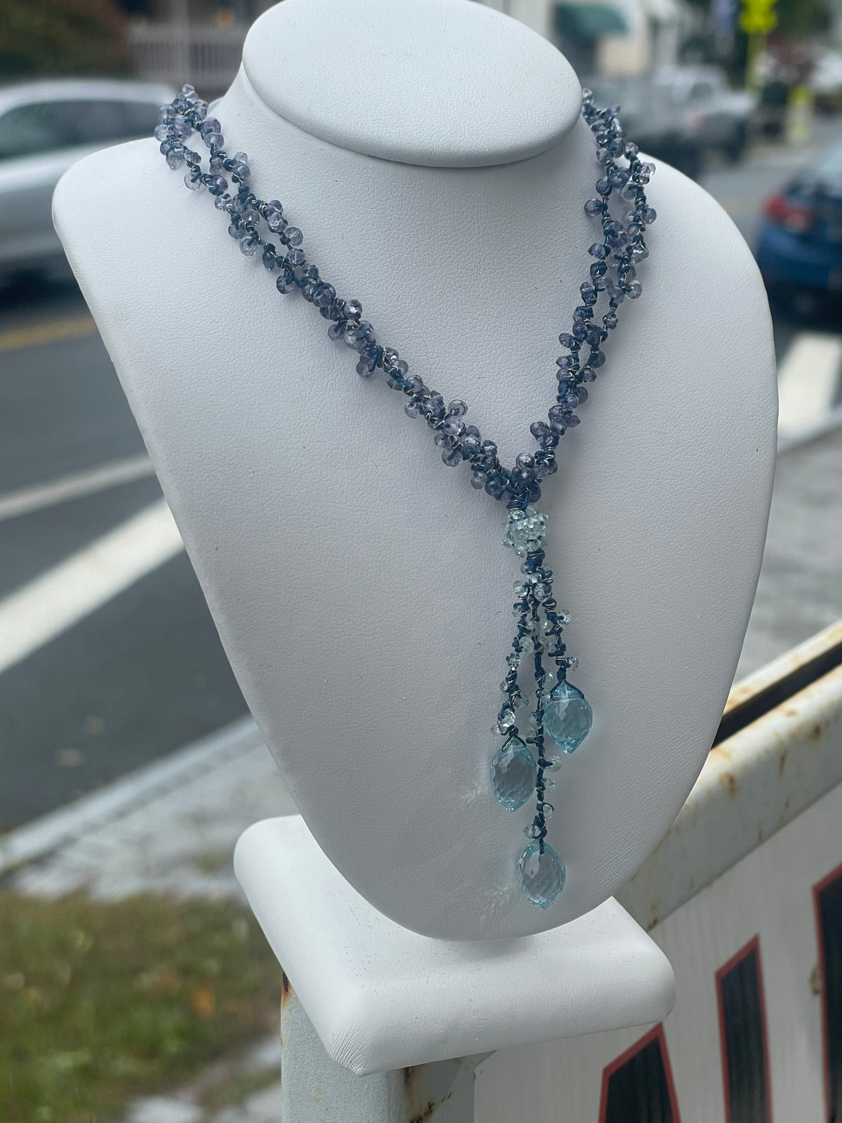 Blue Topaz & Tanzanite Beaded Drop Necklace 15”