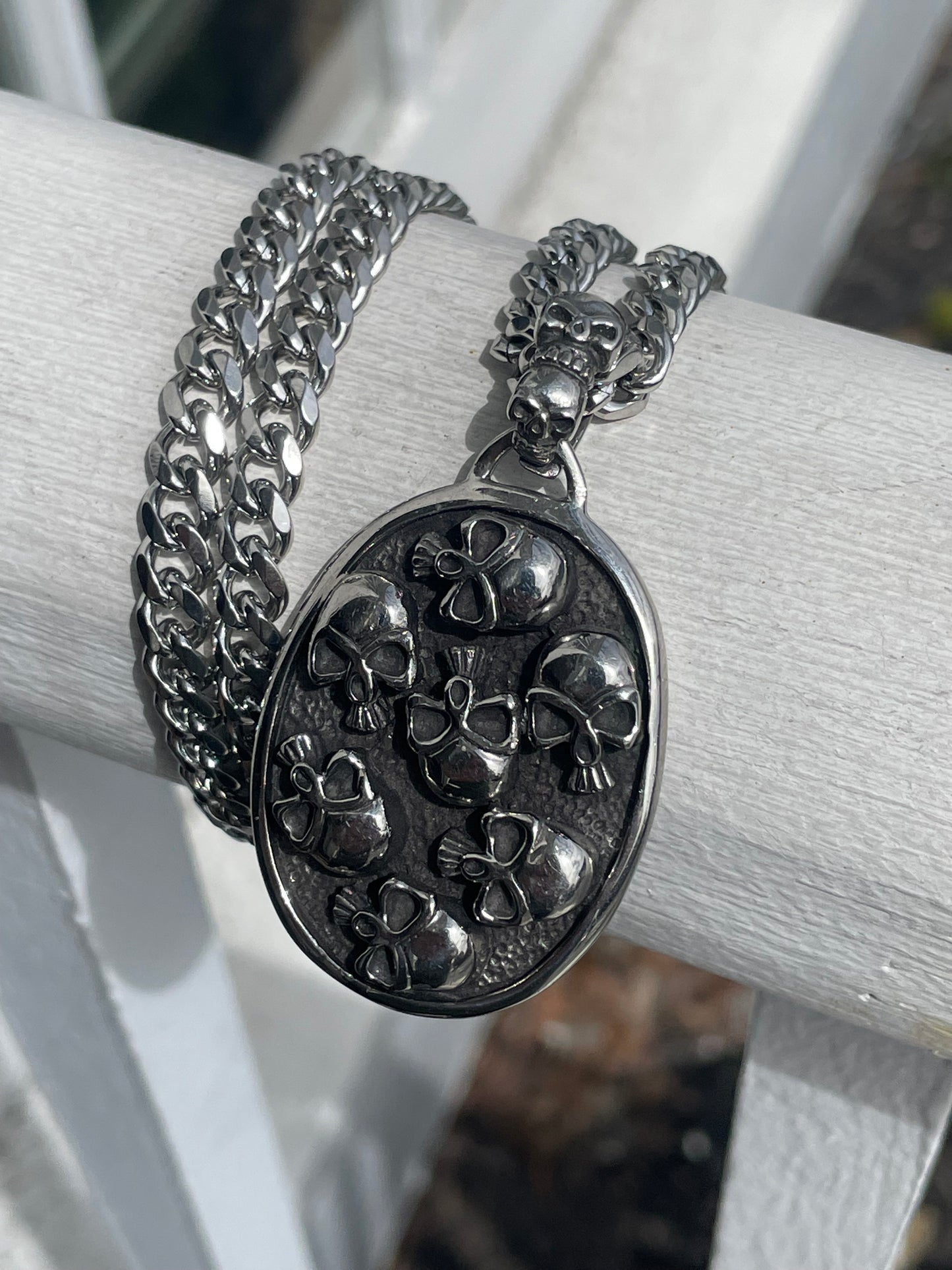 Heavy Stainless Steel Oval Cluster of Skulls Biker Necklace 24”