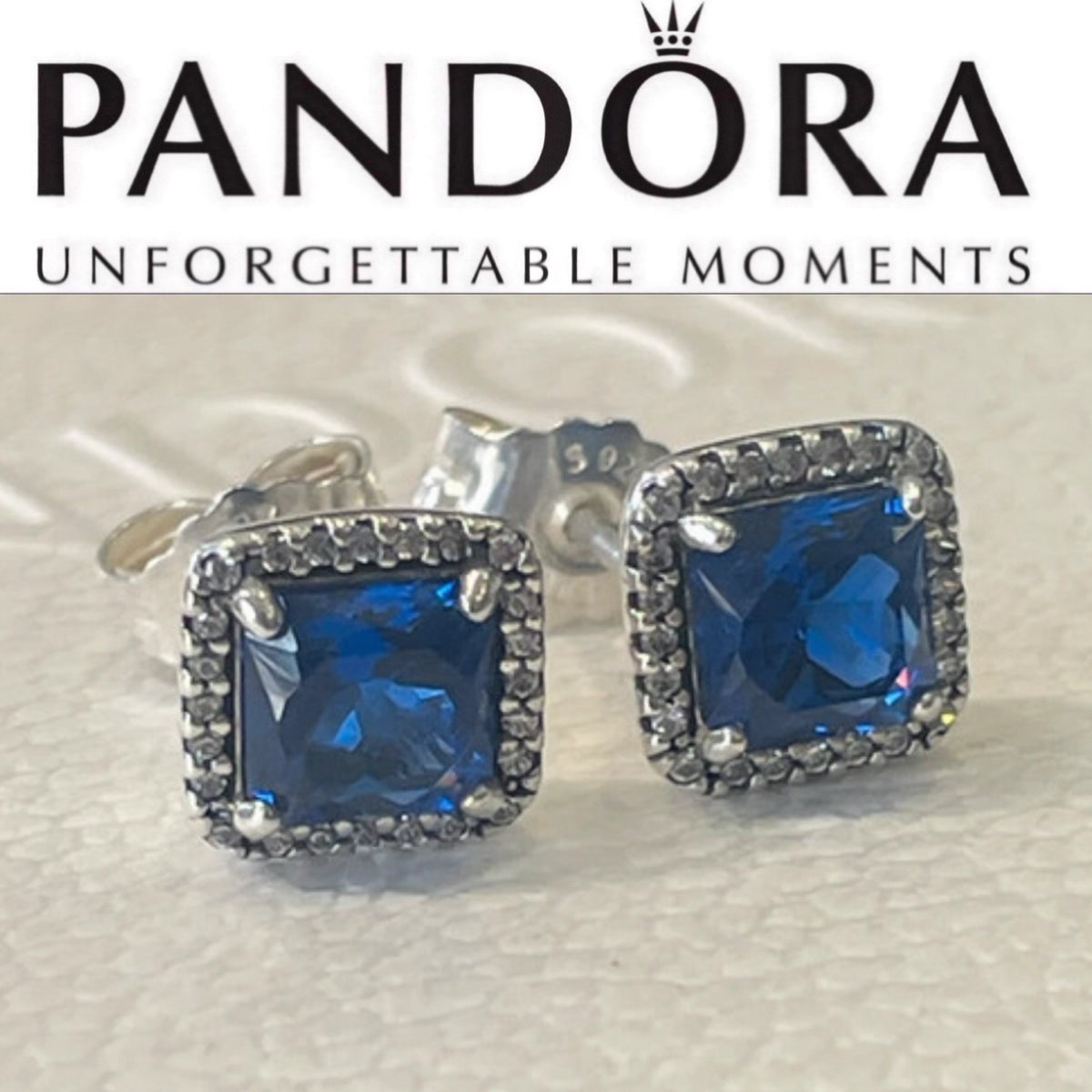 Pandora Sparkling Square Blue Halo Stud Earrings
