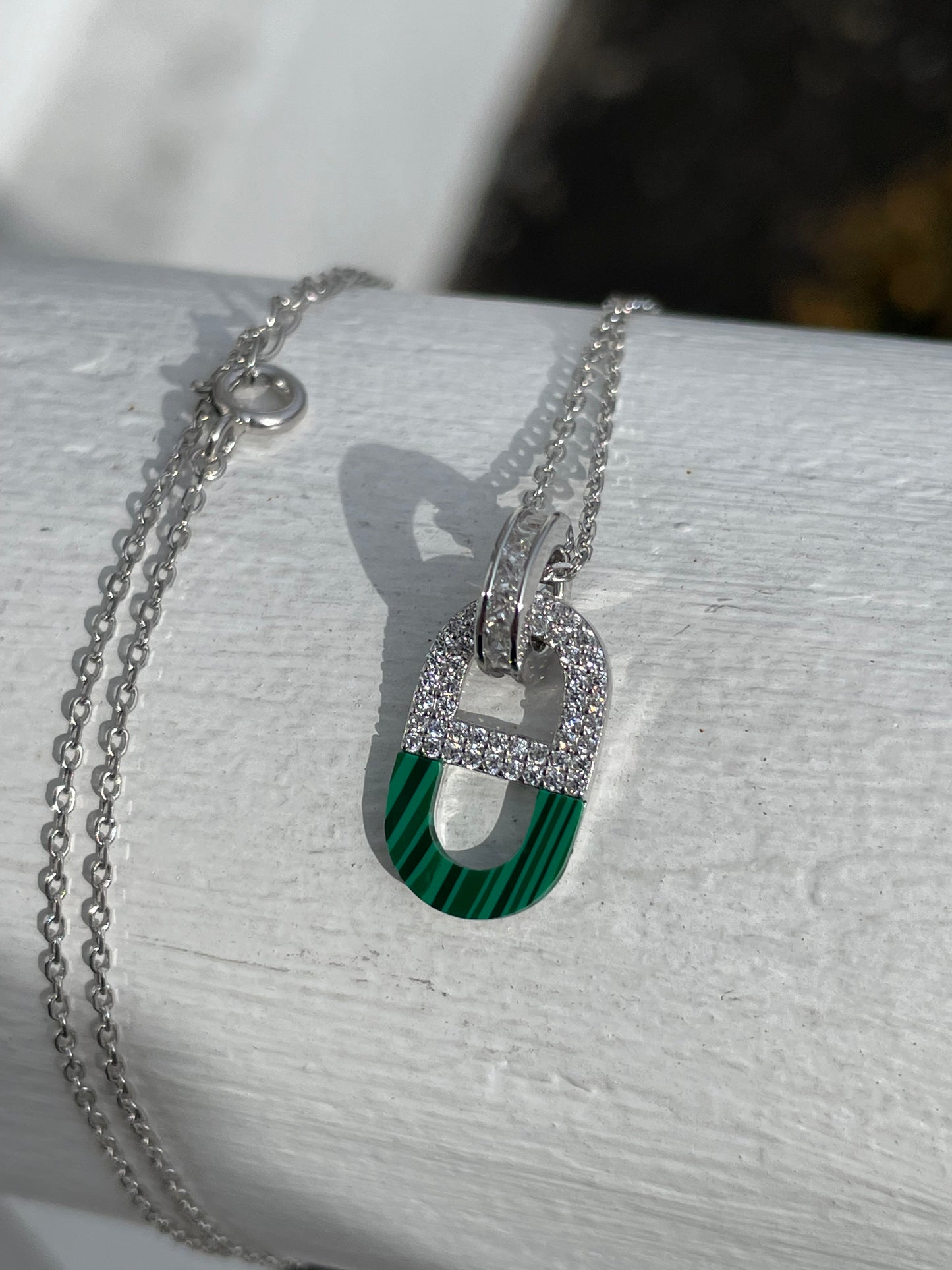 925 Sterling Silver Malachite & Cz Gucci Link Drop Pendant Necklace