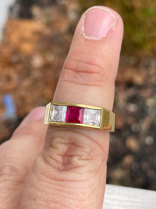 925 Sterling Silver Vermeil Men’s Triple Stone Band Ring Size 10