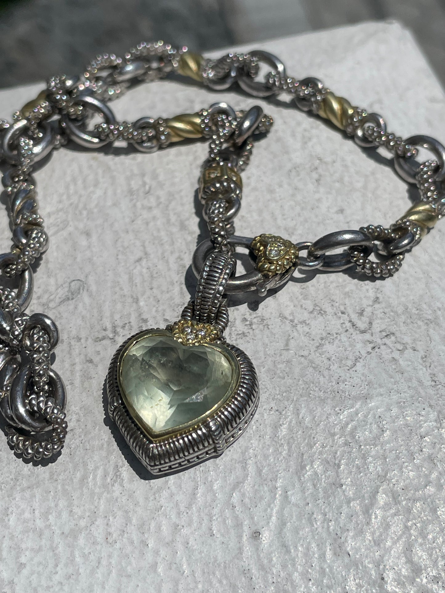 Judith Ripka 925 Sterling Silver & 18k Gold Necklace with Green Praisolite Heart Enhancer Pendant