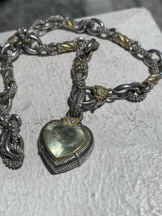 Judith Ripka 925 Sterling Silver & 18k Gold Necklace with Green Praisolite Heart Enhancer Pendant