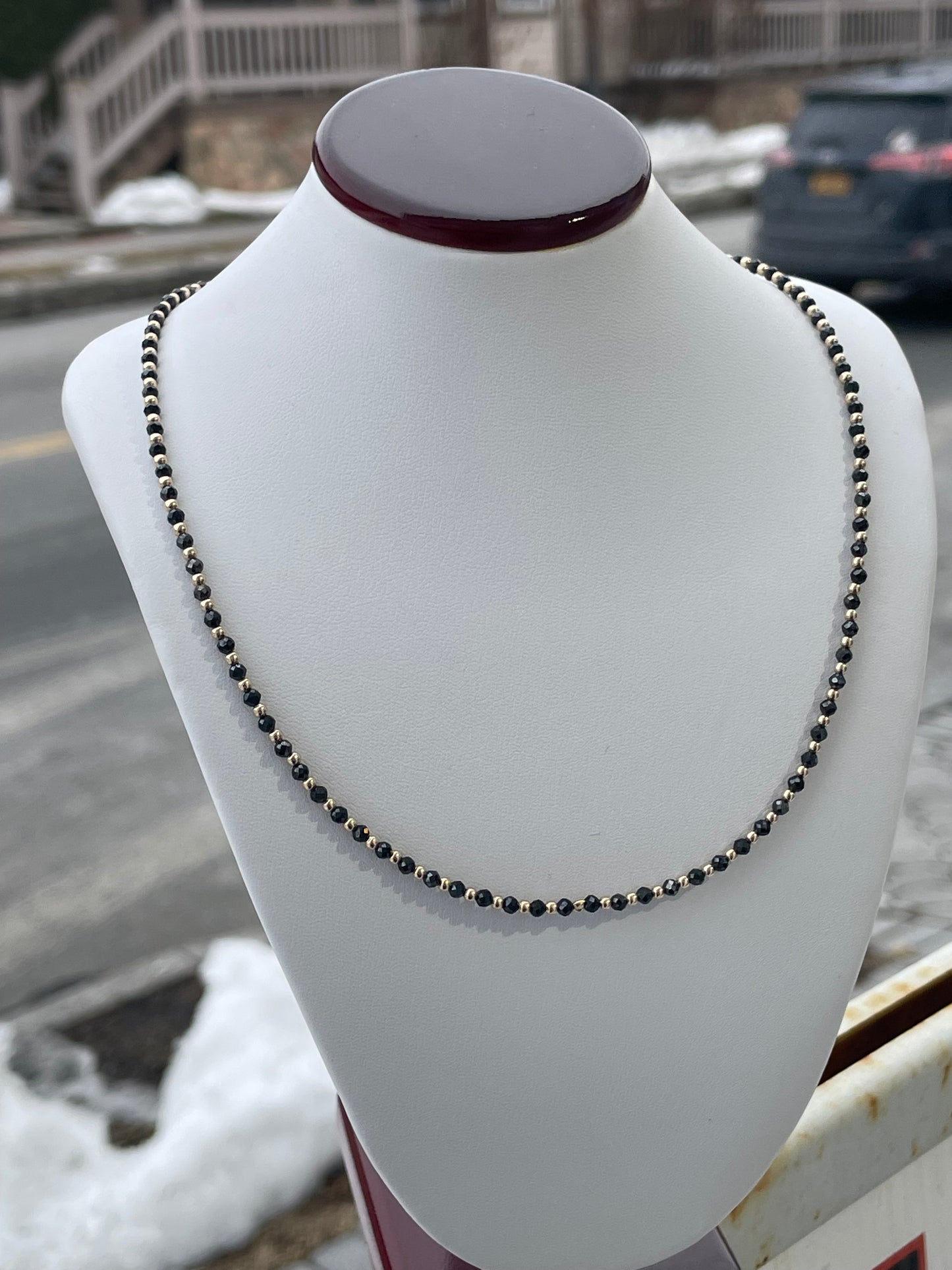 14k Gold Ball & Black Obsidian Beaded Necklace 16”