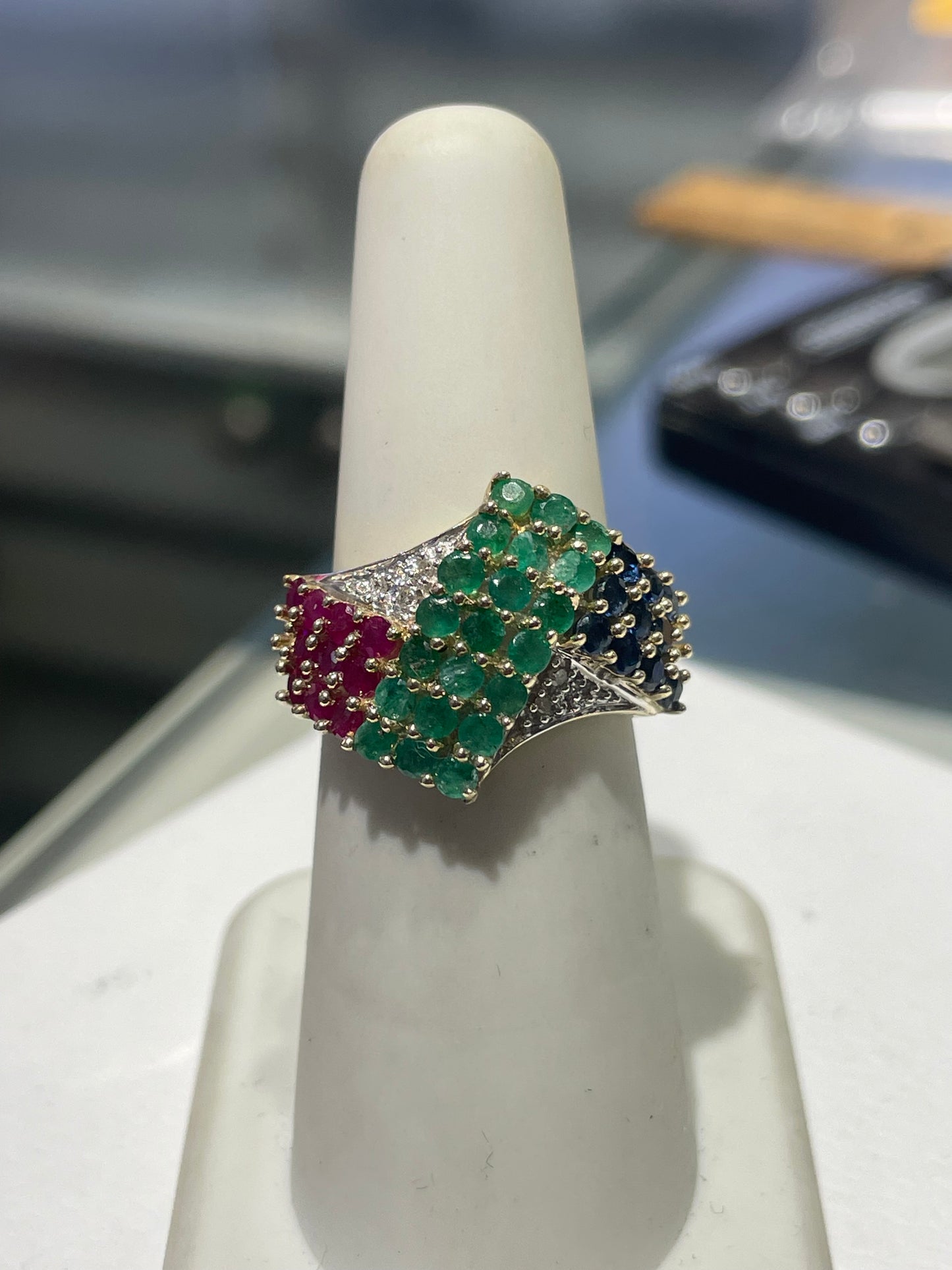 925 Sterling Silver Vermeil Natural Ruby Emerald Sapphire and Diamond Cluster Ring Size 6.5