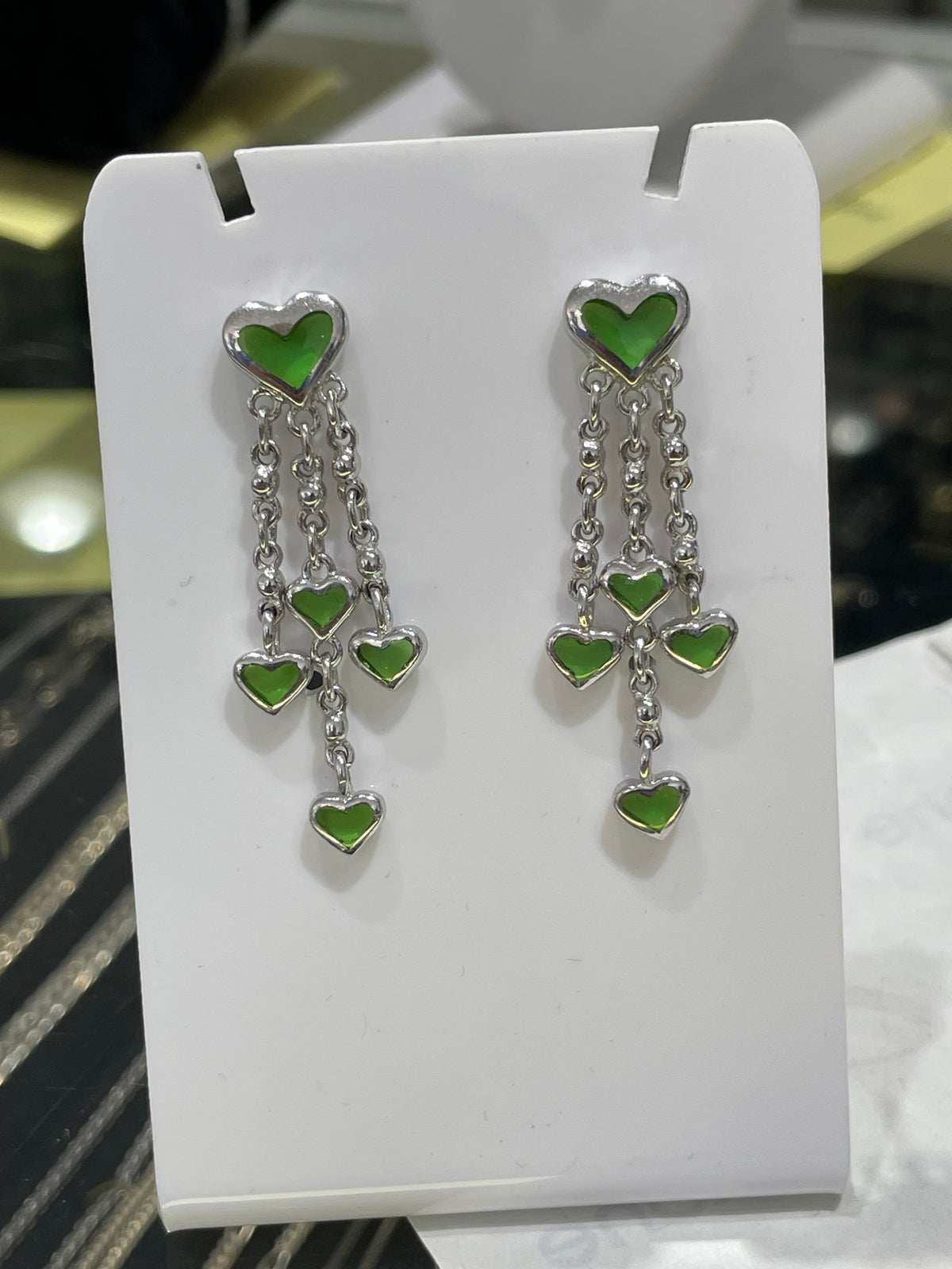925 Sterling Silver Peridot Cascading Waterfall Hearts Dangle Earrings