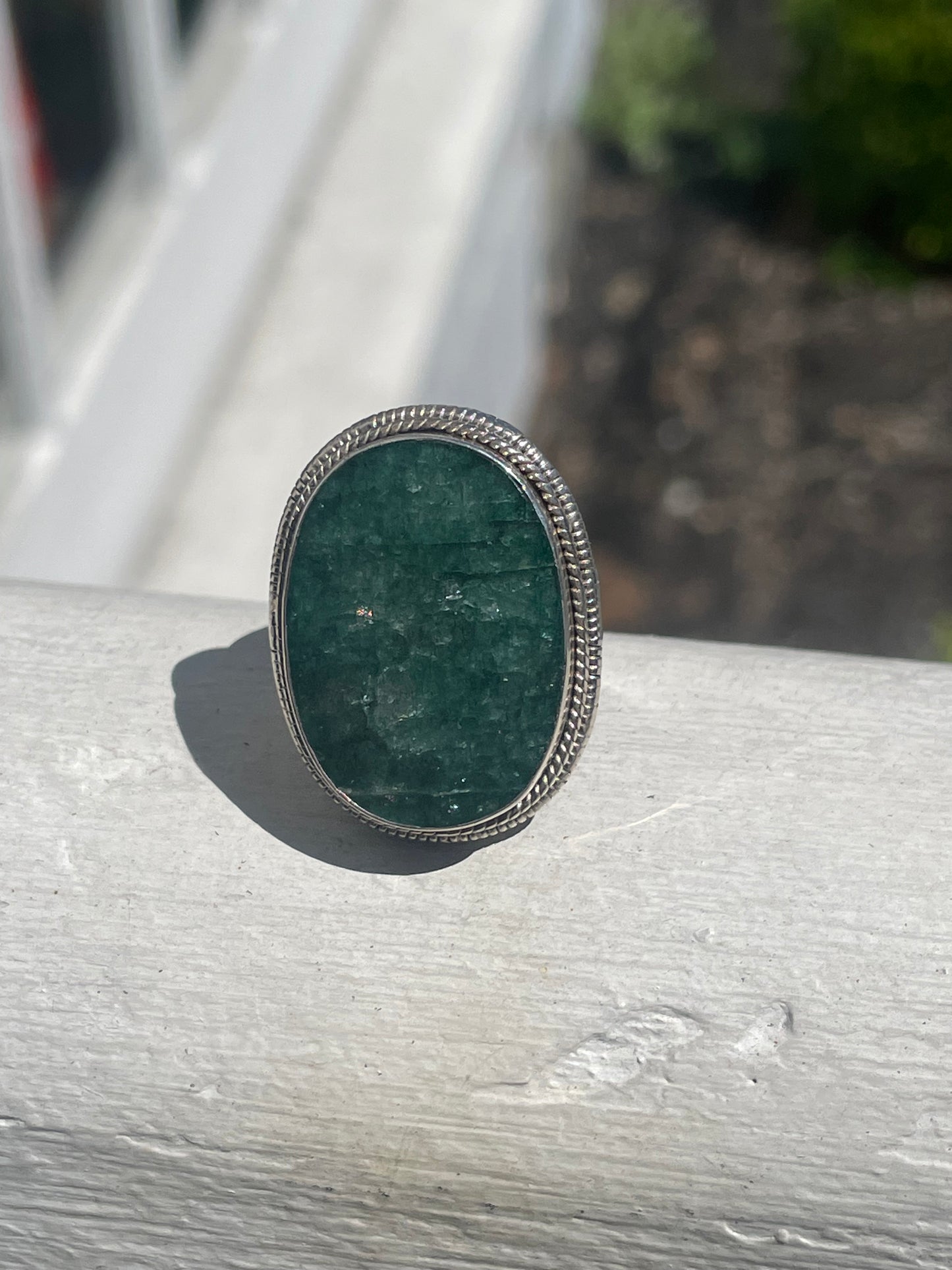 925 Sterling Silver Large Natural Emerald Stone Ring Size 6