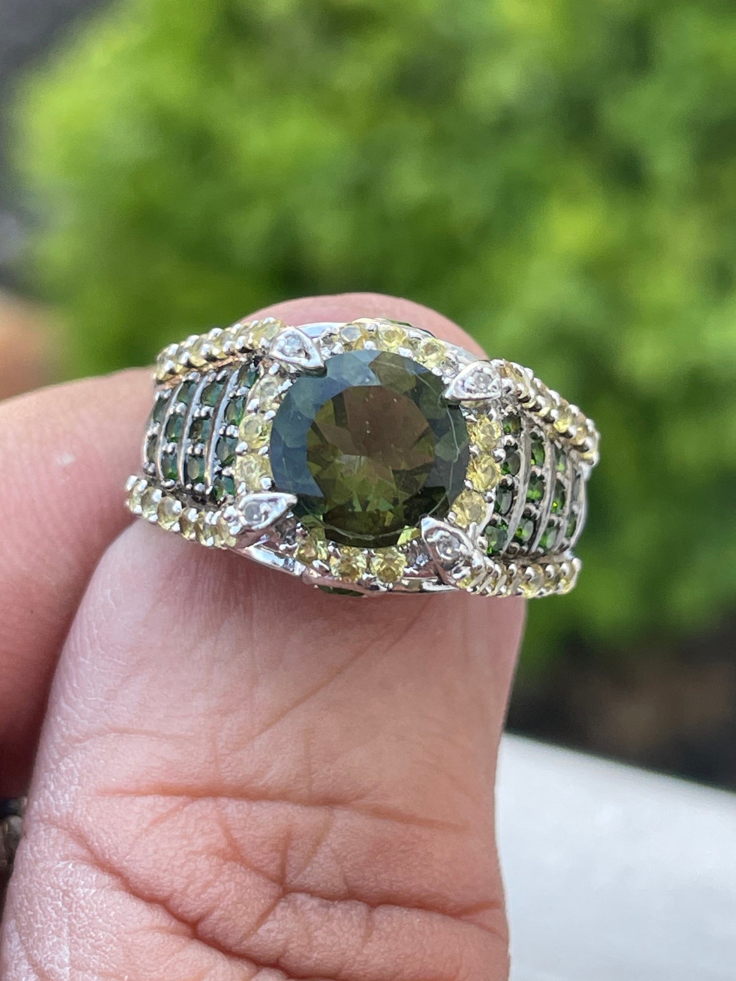 925 Sterling Silver Chrome Diopside Peridot & Citrine Cluster Ring Size 7