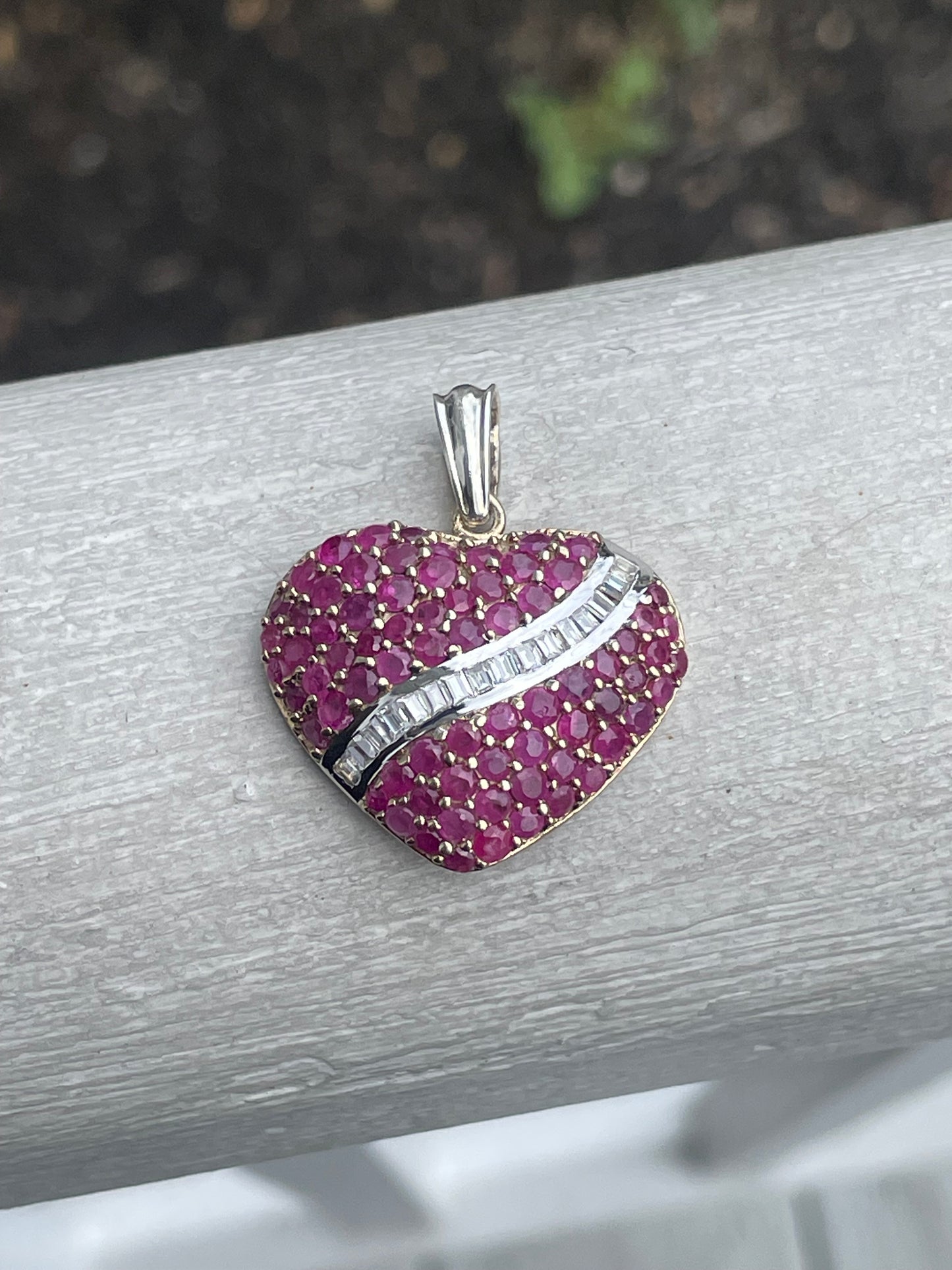 925 Sterling Silver Vermeil 2tone Natural Ruby & Cz Heart Pendant