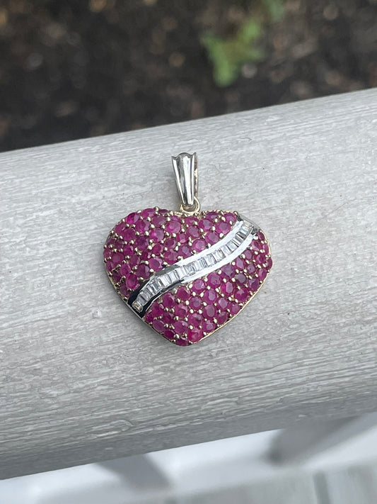 925 Sterling Silver Vermeil 2tone Natural Ruby & Cz Heart Pendant
