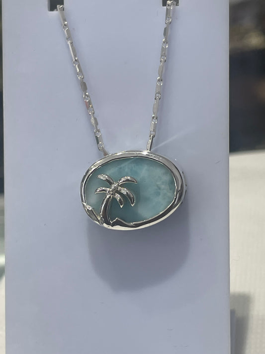 925 Sterling Silver Oval Larimar Paradise Island Necklace 18”