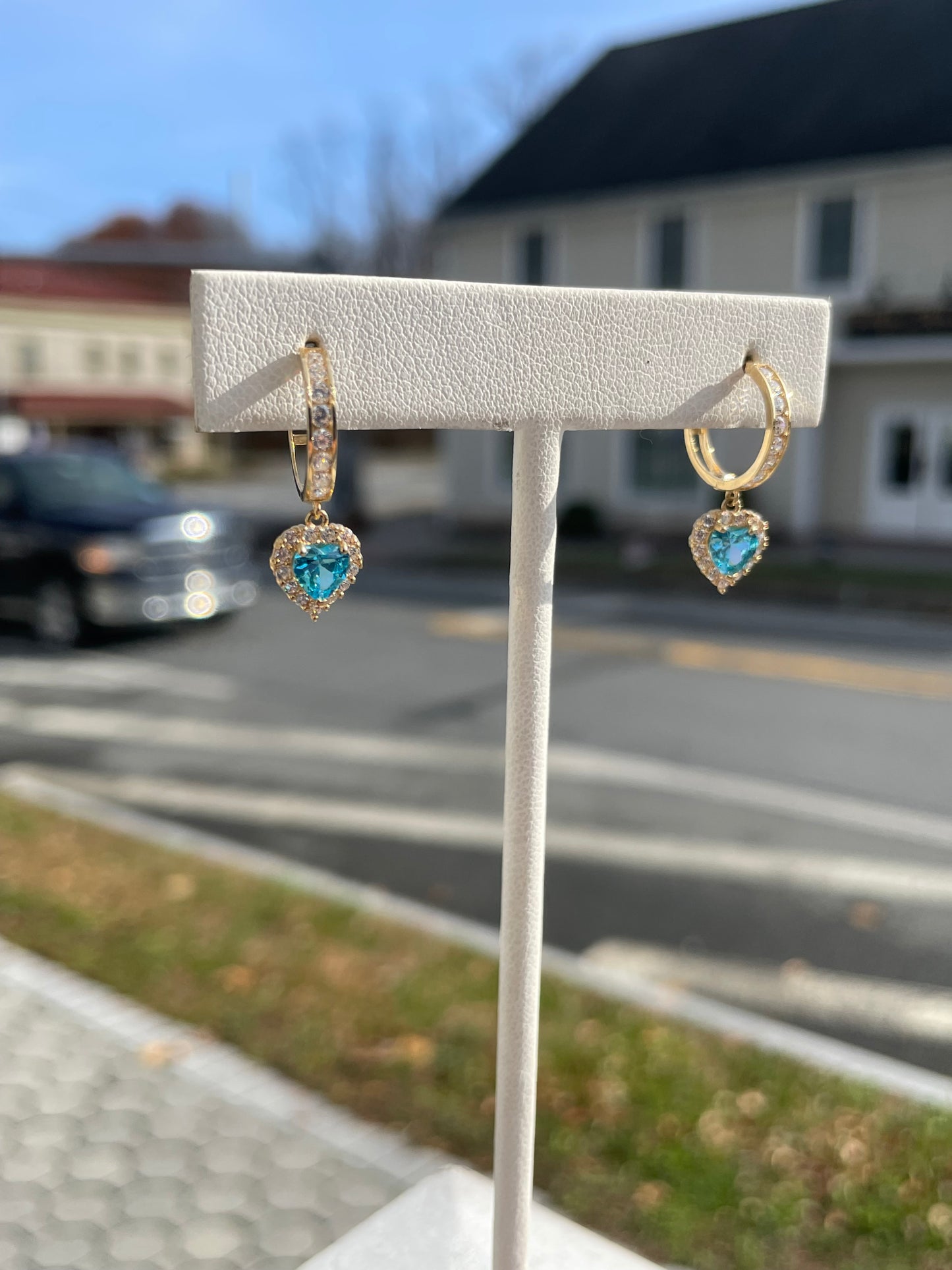 14k Gold Simulated Diamond & Blue Topaz Heart Dangle Huggie Hoop Earrings
